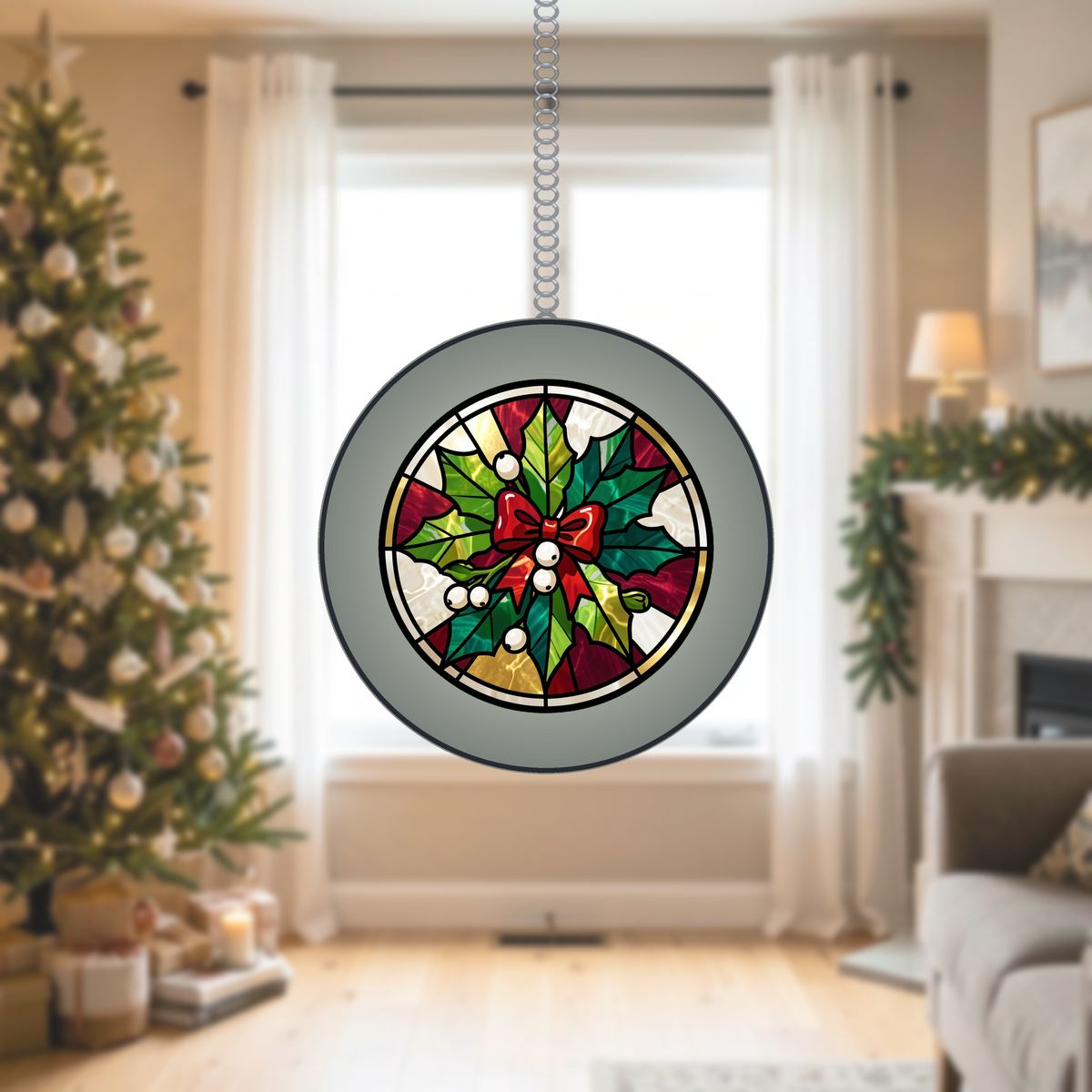 Mistletoe Bow Circle Stained Glass Suncatcher