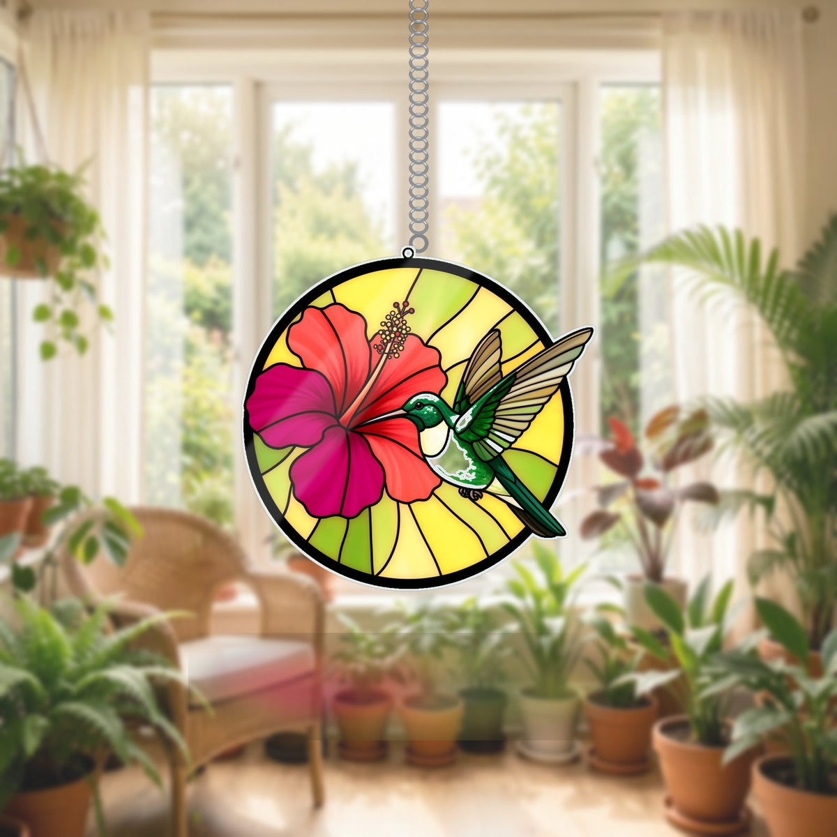 Hummingbird Hibiscus Circle Acrylic Suncatcher