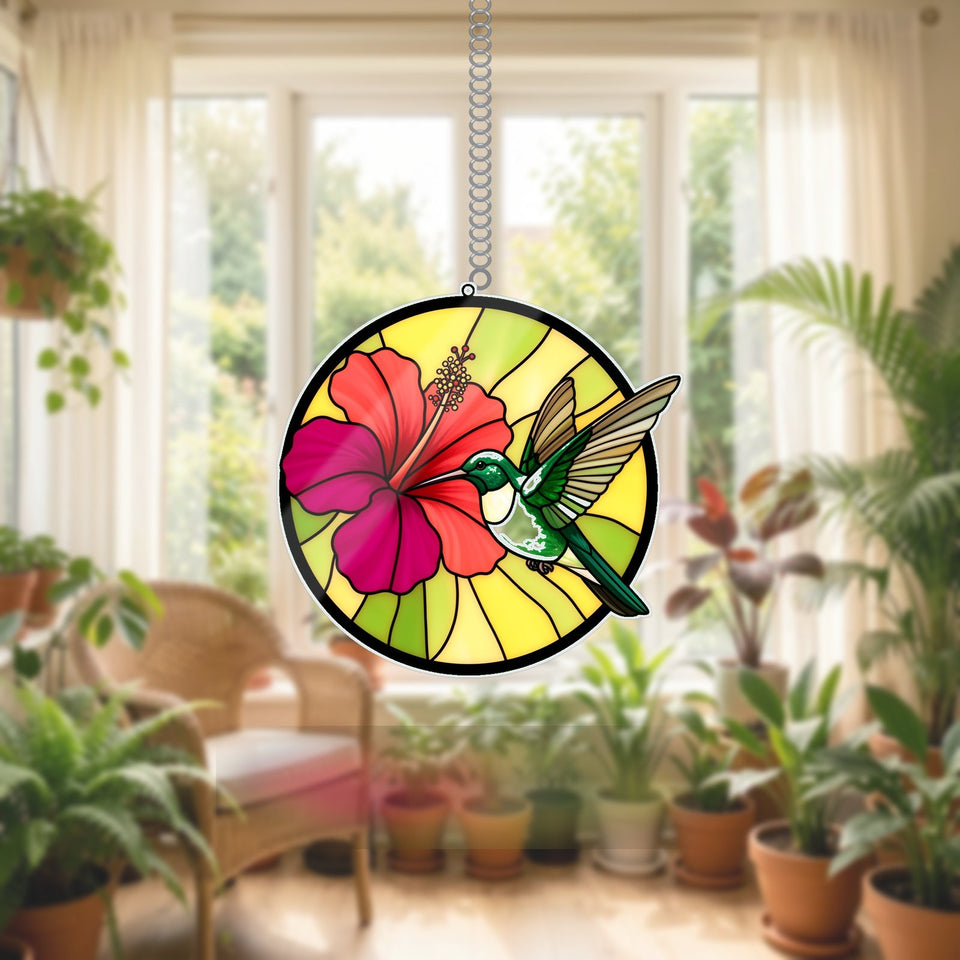 Hummingbird Hibiscus Circle Acrylic Suncatcher