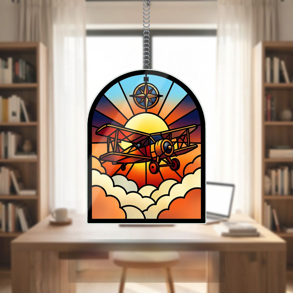 Vintage Biplane Sky Arch Wavy Acrylic Suncatcher Ornament