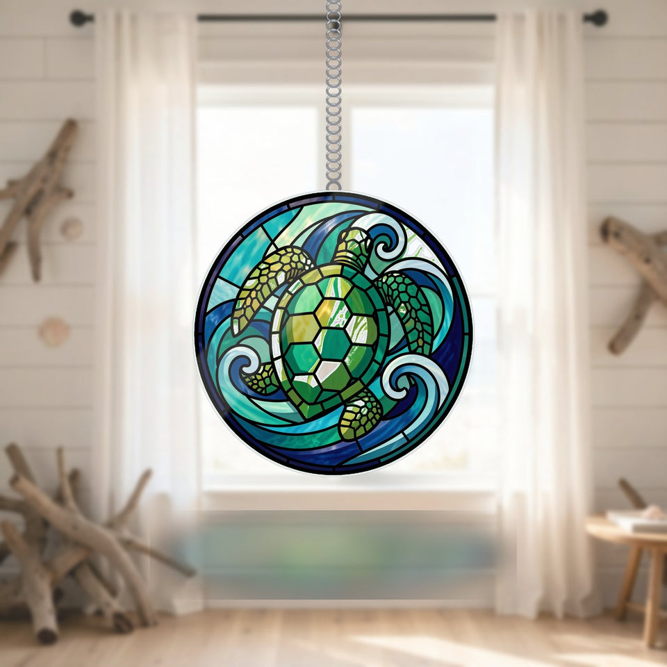 Sea Turtle Wave Circle Acrylic Suncatcher