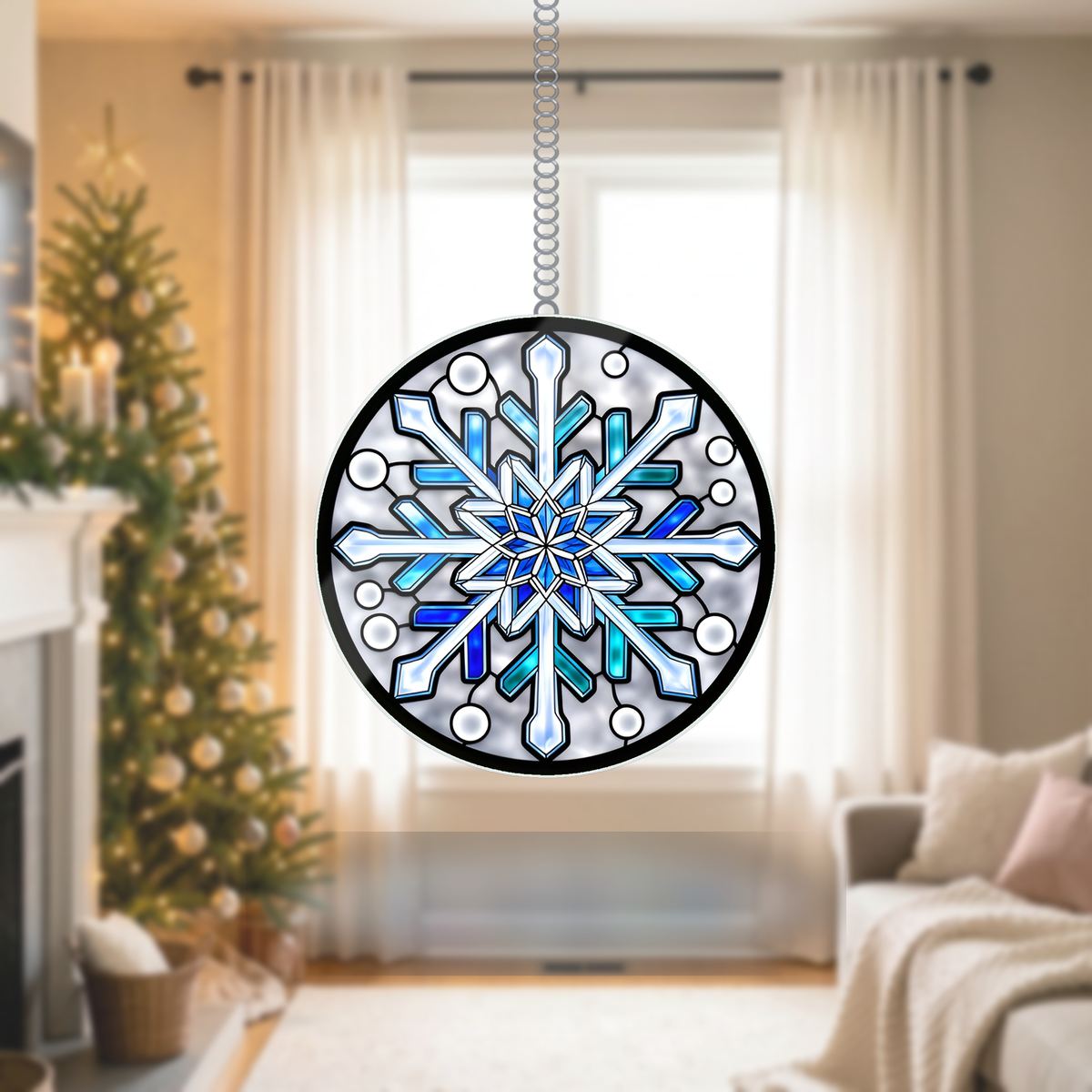 Frosted Snowflake Circle Wavy Acrylic Suncatcher Ornament