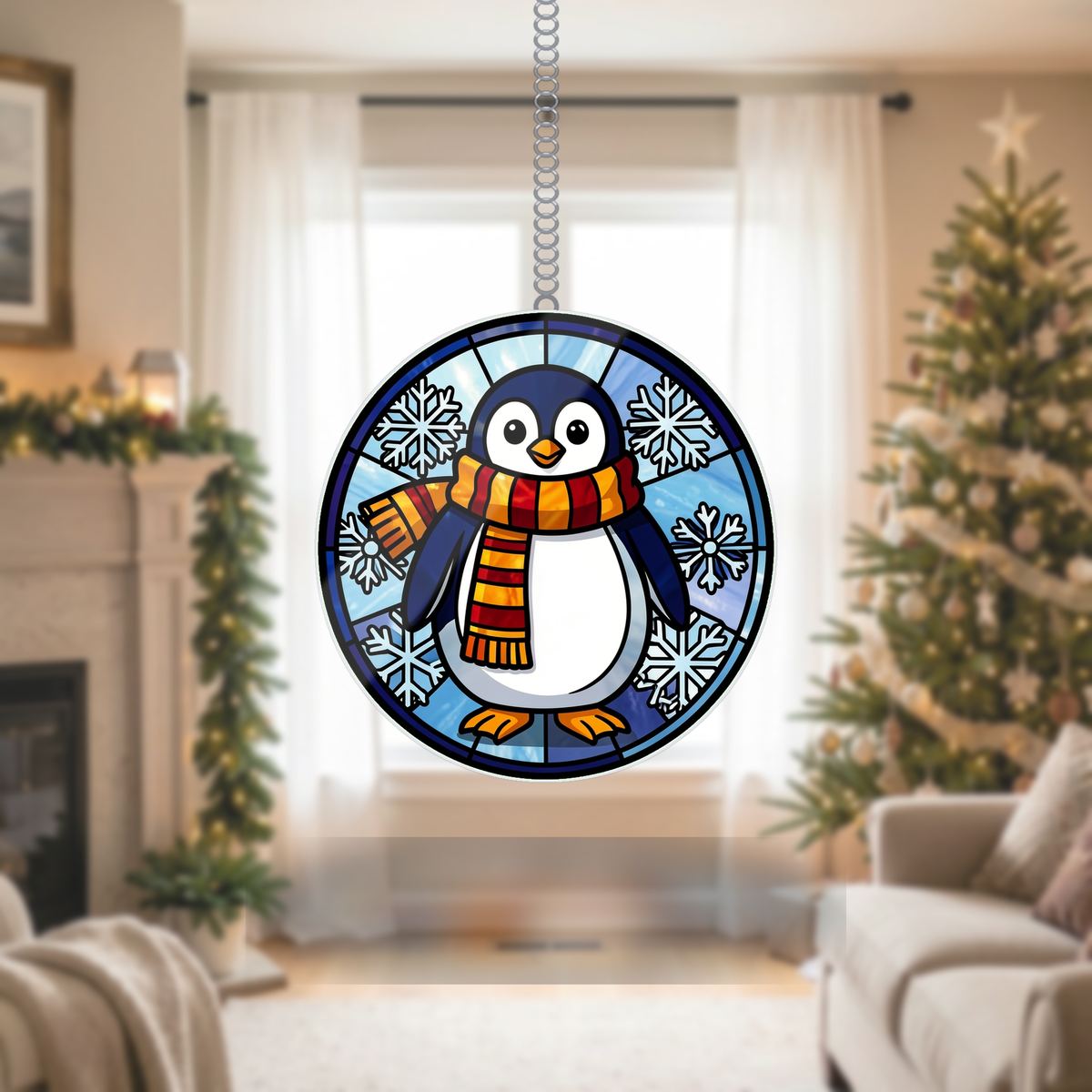 Penguin Scarf Snowflake Wavy Acrylic Suncatcher Ornament