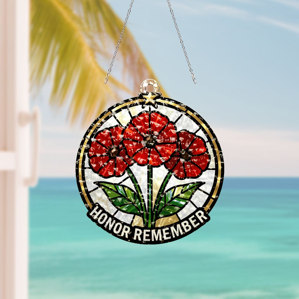 Red Poppy Veterans Circle Water Ripple Suncatcher