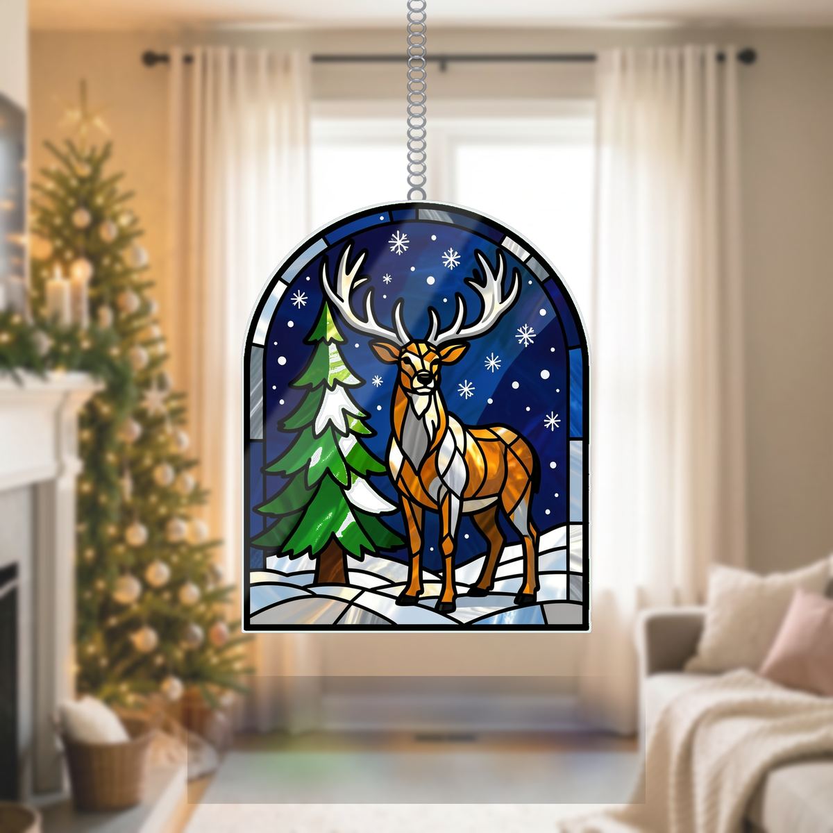 Snowy Stag Pine Arch Wavy Acrylic Suncatcher Ornament