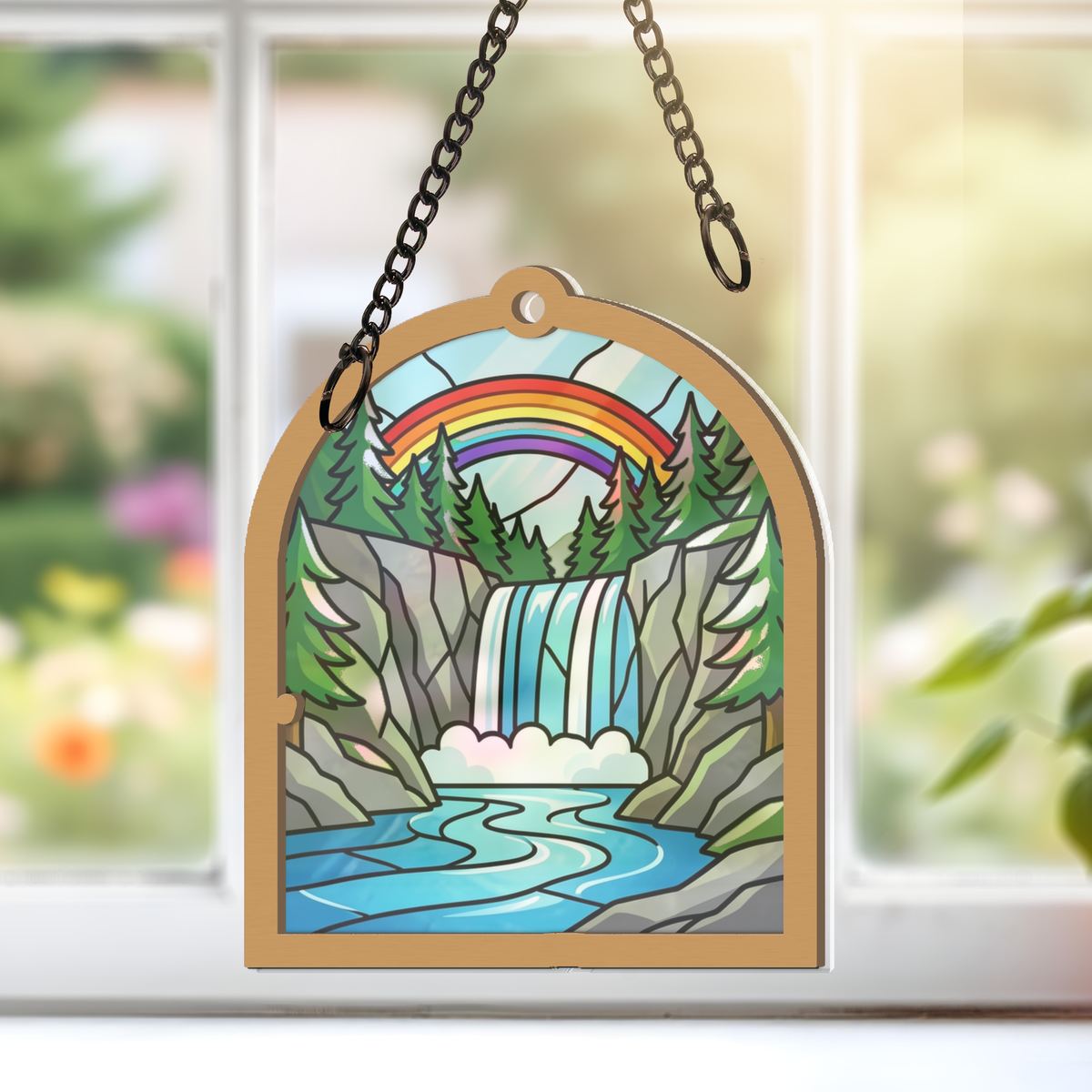 Mountain Waterfall Forest Window Hanging Suncatcher