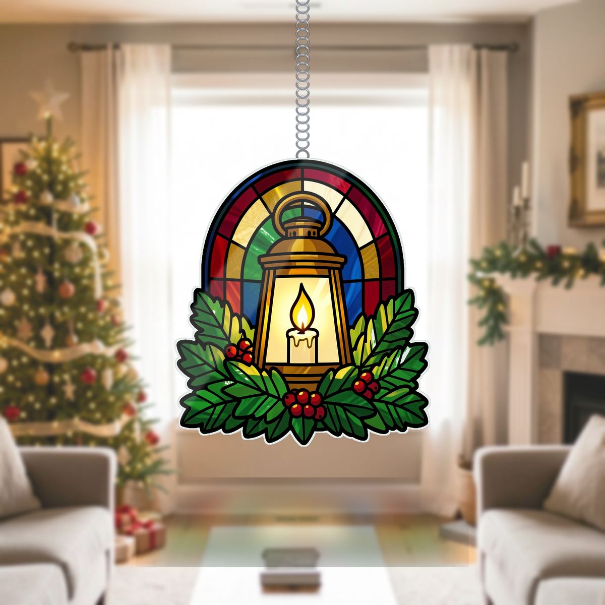 Holiday Lantern Evergreen Arch Wavy Acrylic Suncatcher Ornament