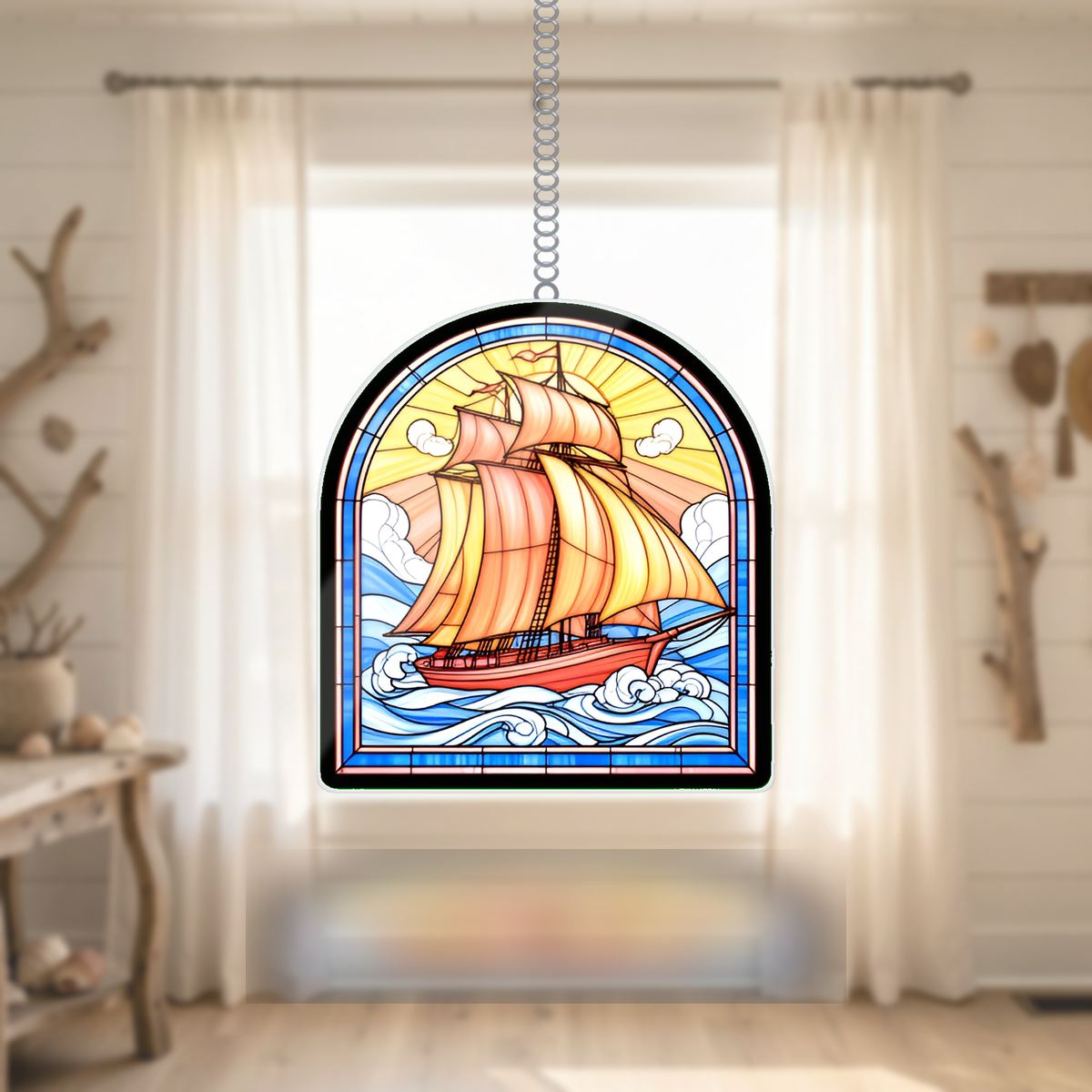 Sailboat Harbor Arch Wavy Acrylic Suncatcher Ornament