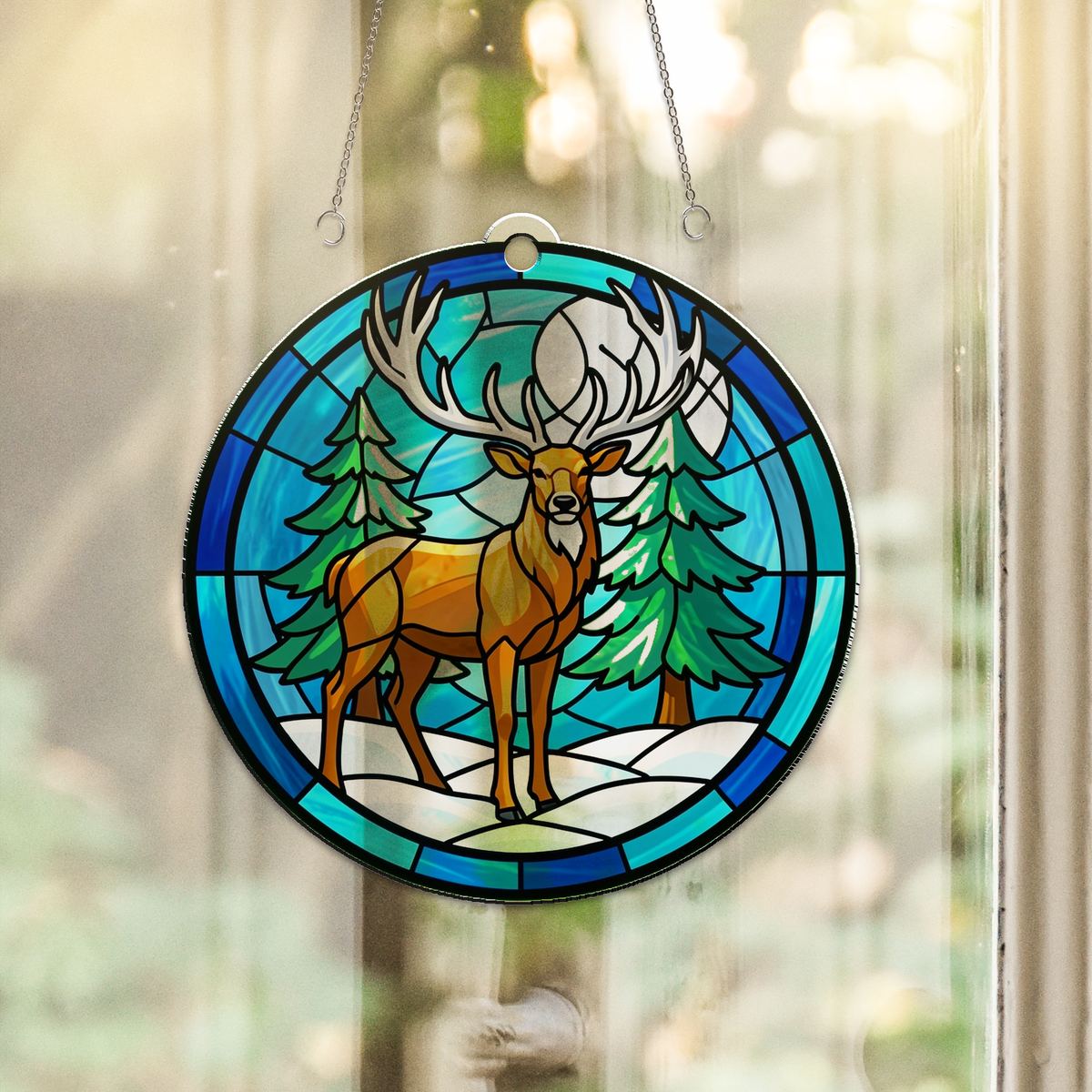 Winter Stag Evergreen Circle Acrylic Suncatcher