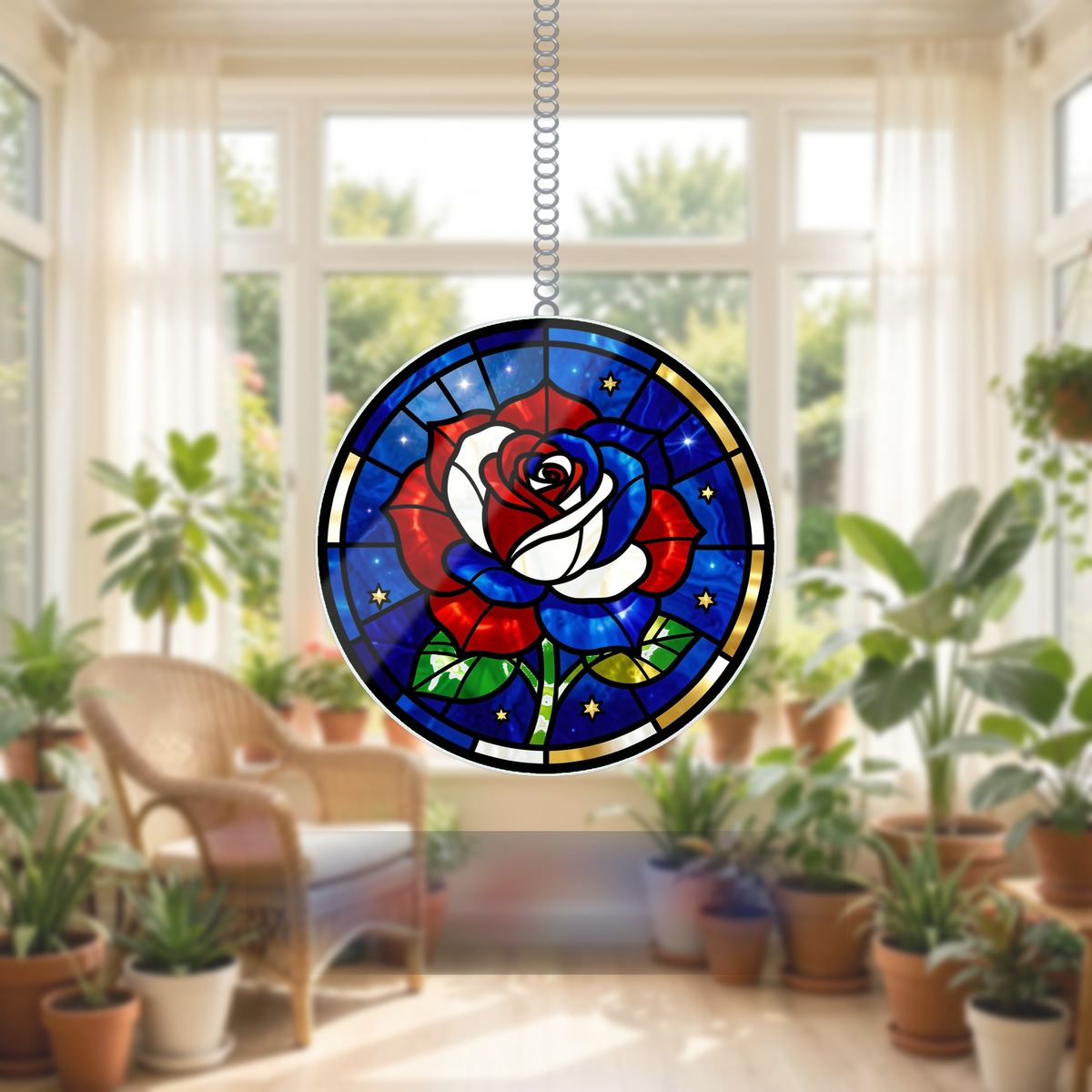 Old Glory Rose Circle Wavy Acrylic Suncatcher Ornament