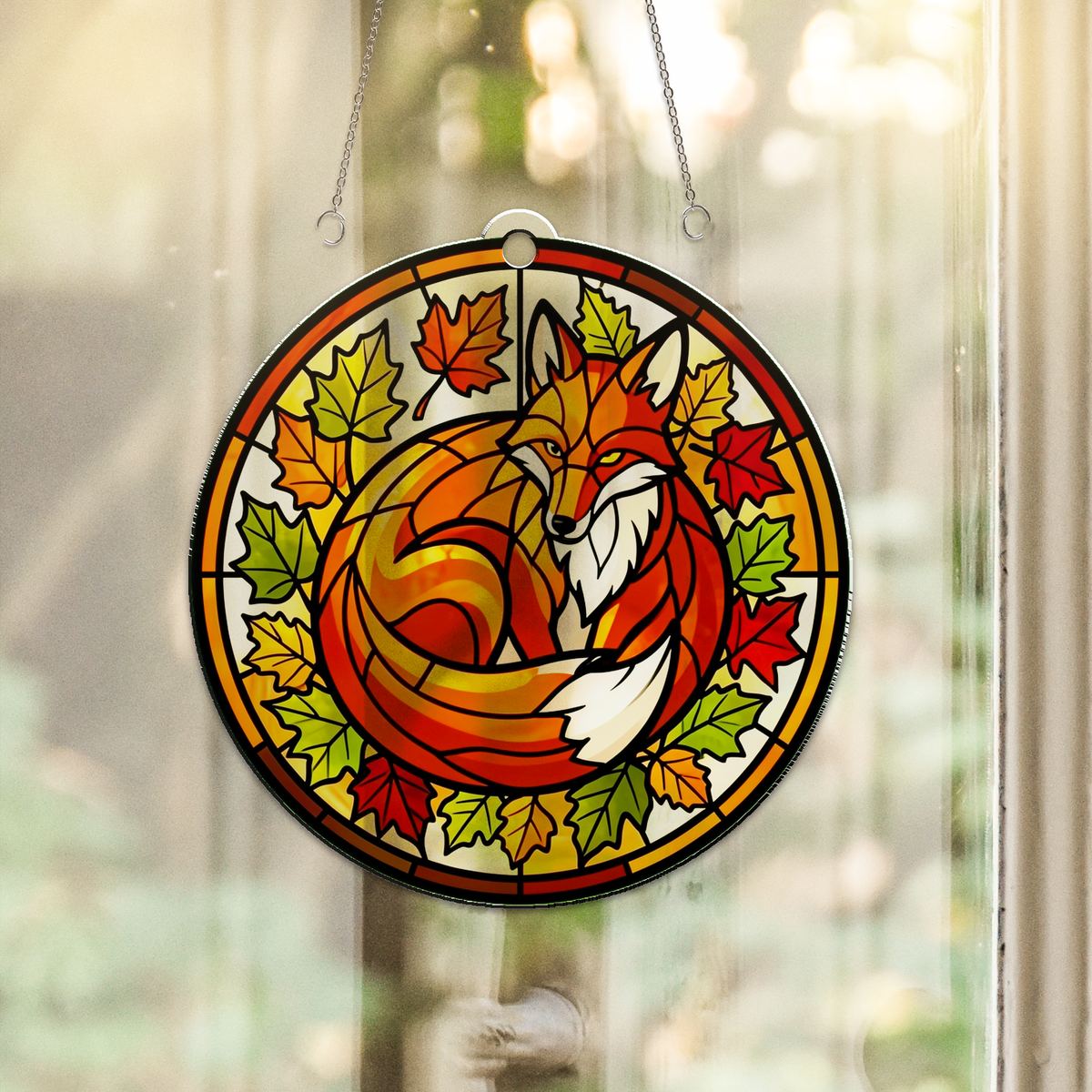 Autumn Fox Leaves Circle Acrylic Suncatcher