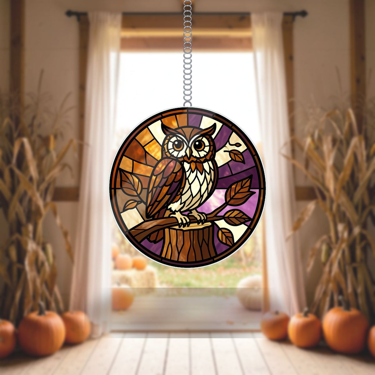 Autumn Owl Circle Wavy Acrylic Suncatcher Ornament