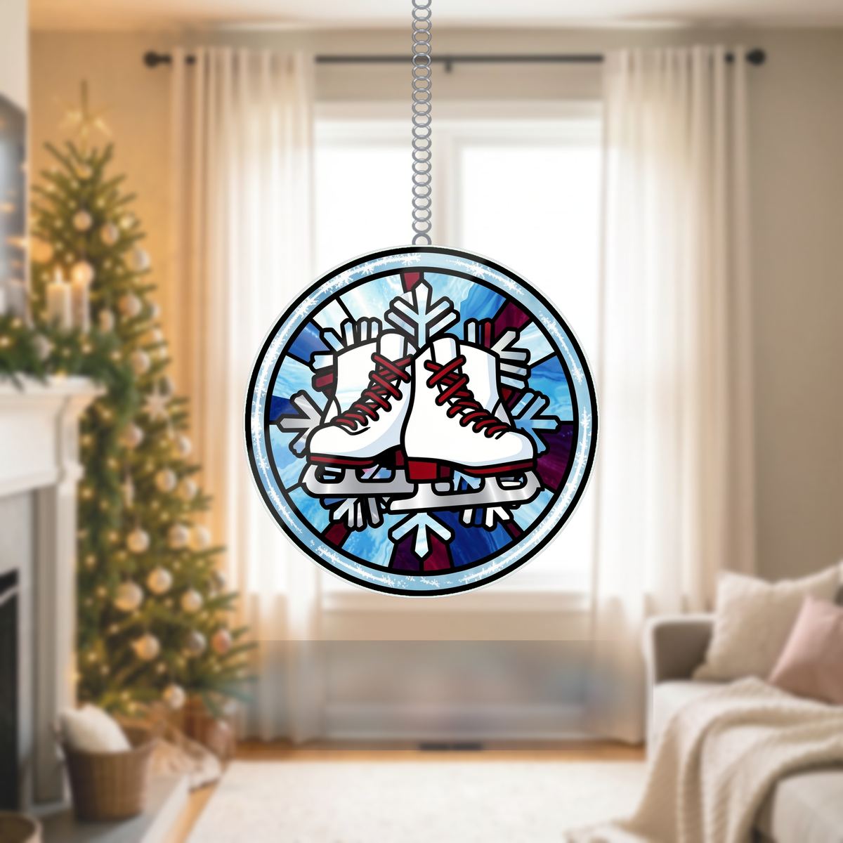 Winter Ice Skates Circle Wavy Acrylic Suncatcher Ornament