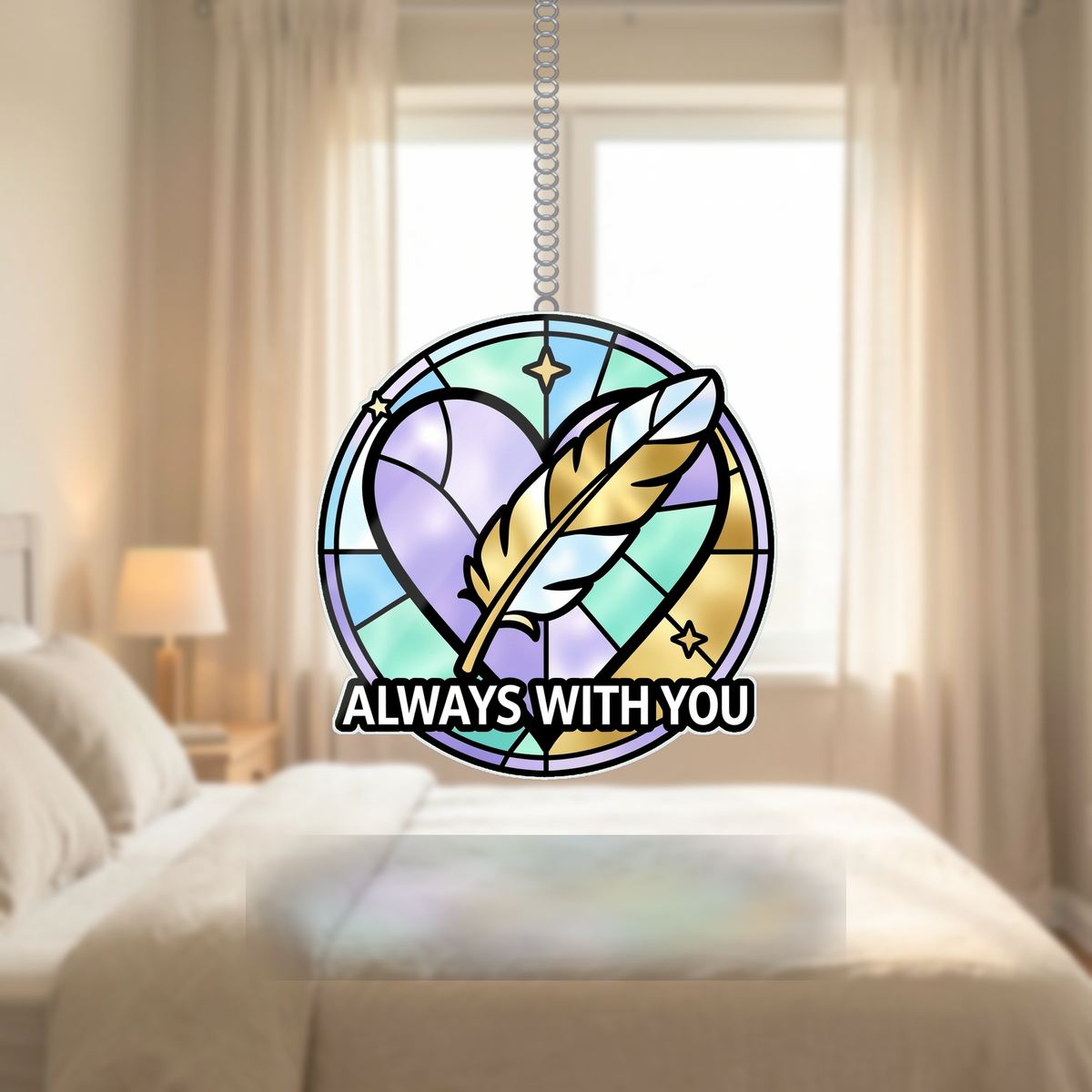 Feather Heart Remembrance Circle Wavy Acrylic Suncatcher Ornament