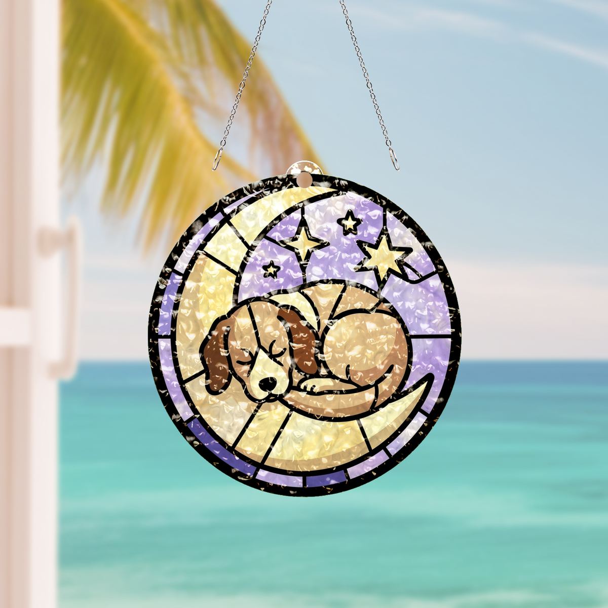 Sleeping Puppy Moon Circle Water Ripple Suncatcher