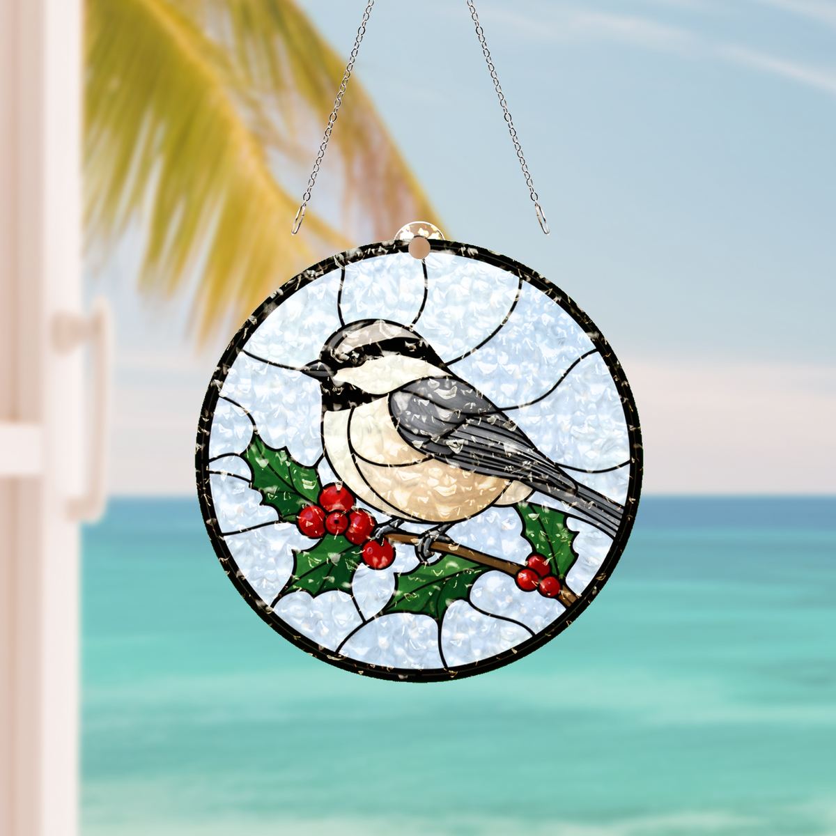 Holly Berry Chickadee Circle Water Ripple Suncatcher