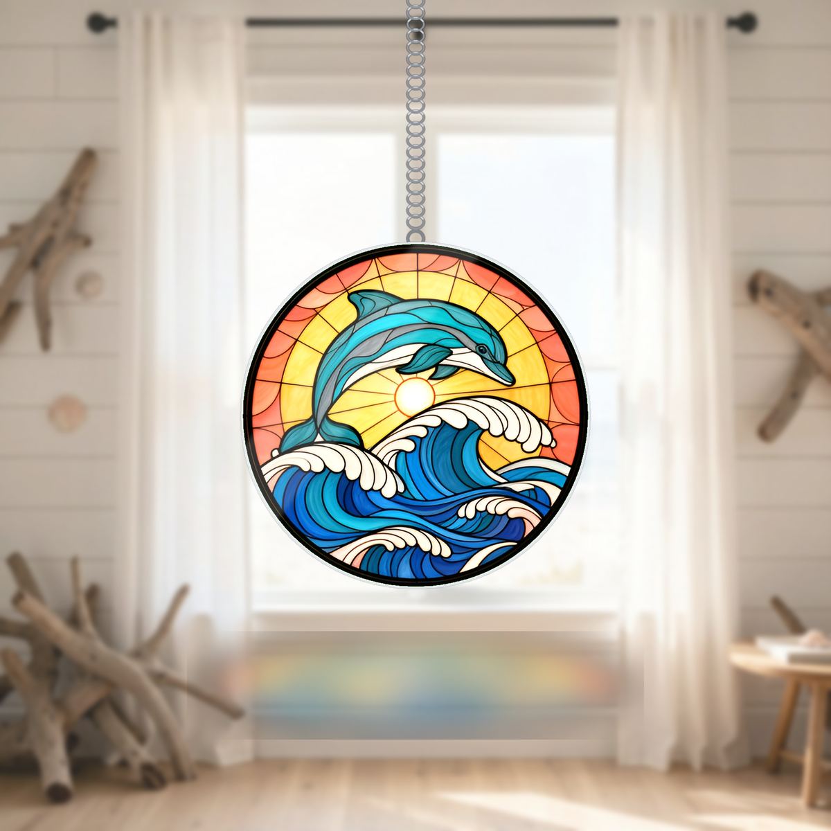 Dolphin Wave Circle Wavy Acrylic Suncatcher Ornament