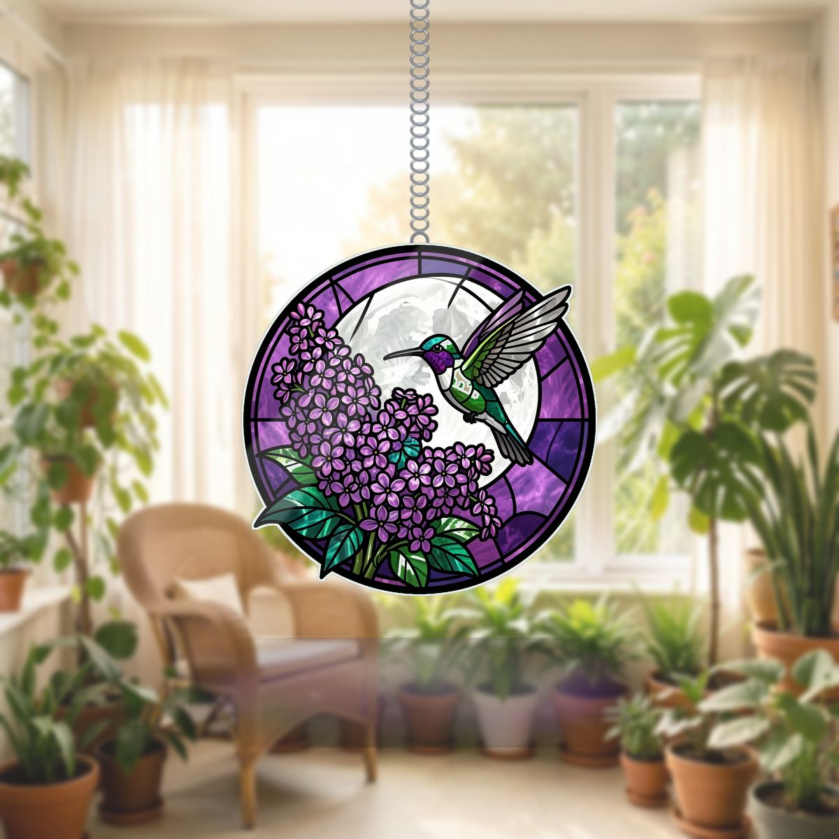 Hummingbird Lilac Moon Circle Wavy Acrylic Suncatcher Ornament