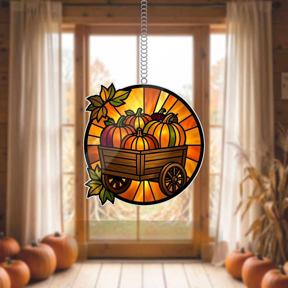 Autumn Pumpkin Cart Circle Wavy Acrylic Suncatcher Ornament