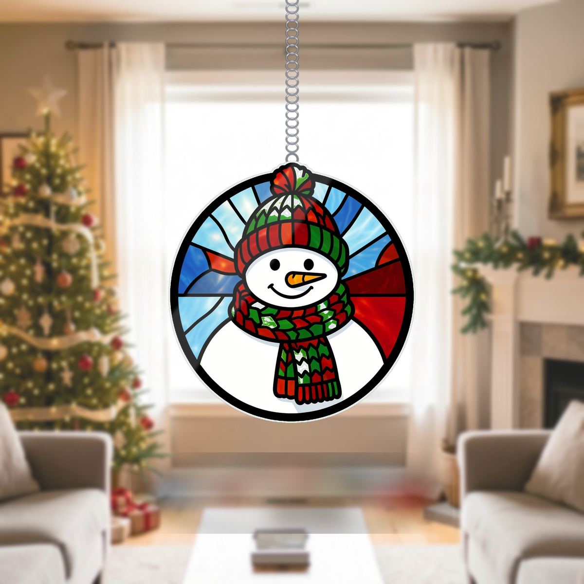 Snowman Scarf Circle Wavy Acrylic Suncatcher Ornament