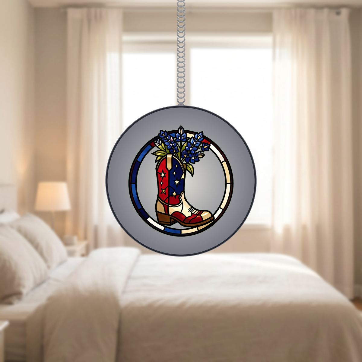 Americana Cowboy Boot Circle Stained Glass Suncatcher