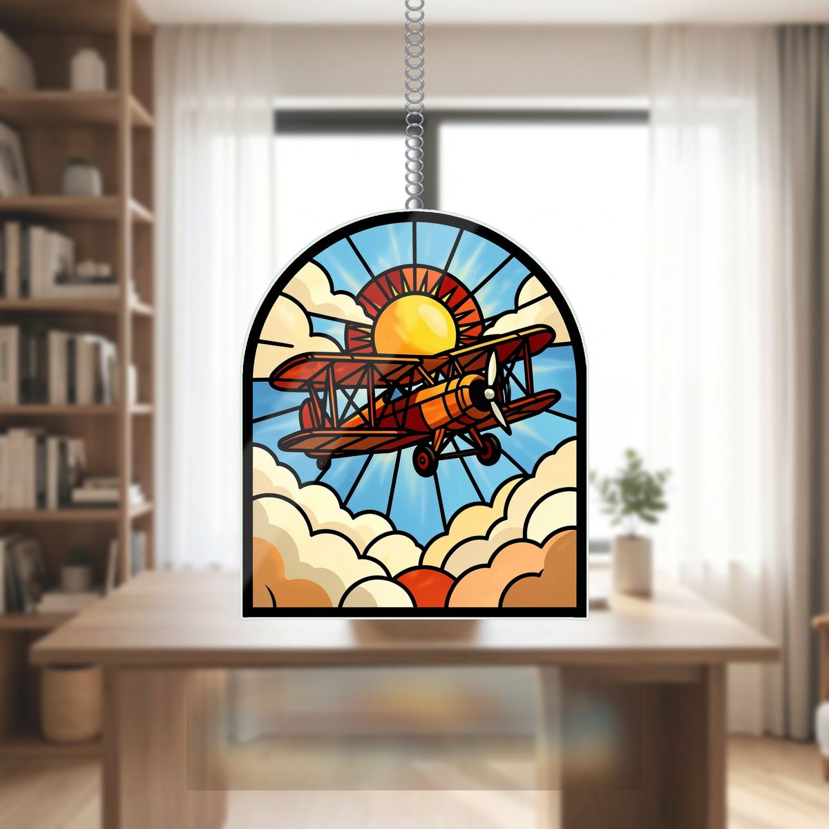 Vintage Biplane Clouds Arch Wavy Acrylic Suncatcher Ornament
