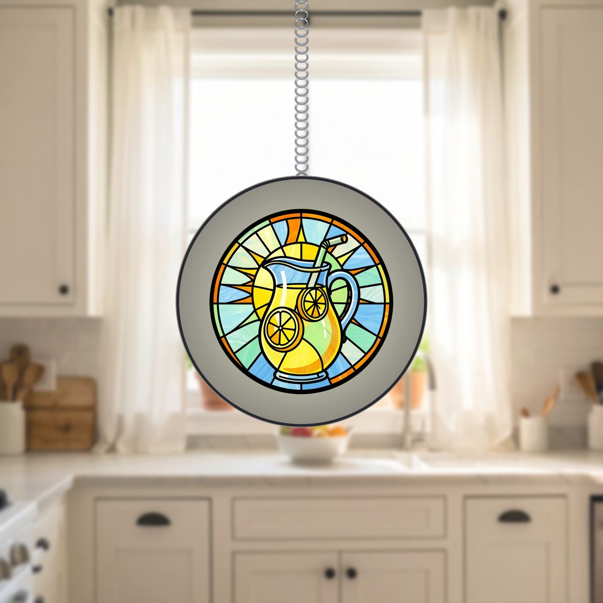 Lemonade Pitcher Summer Circle Stained Glass Suncatcher