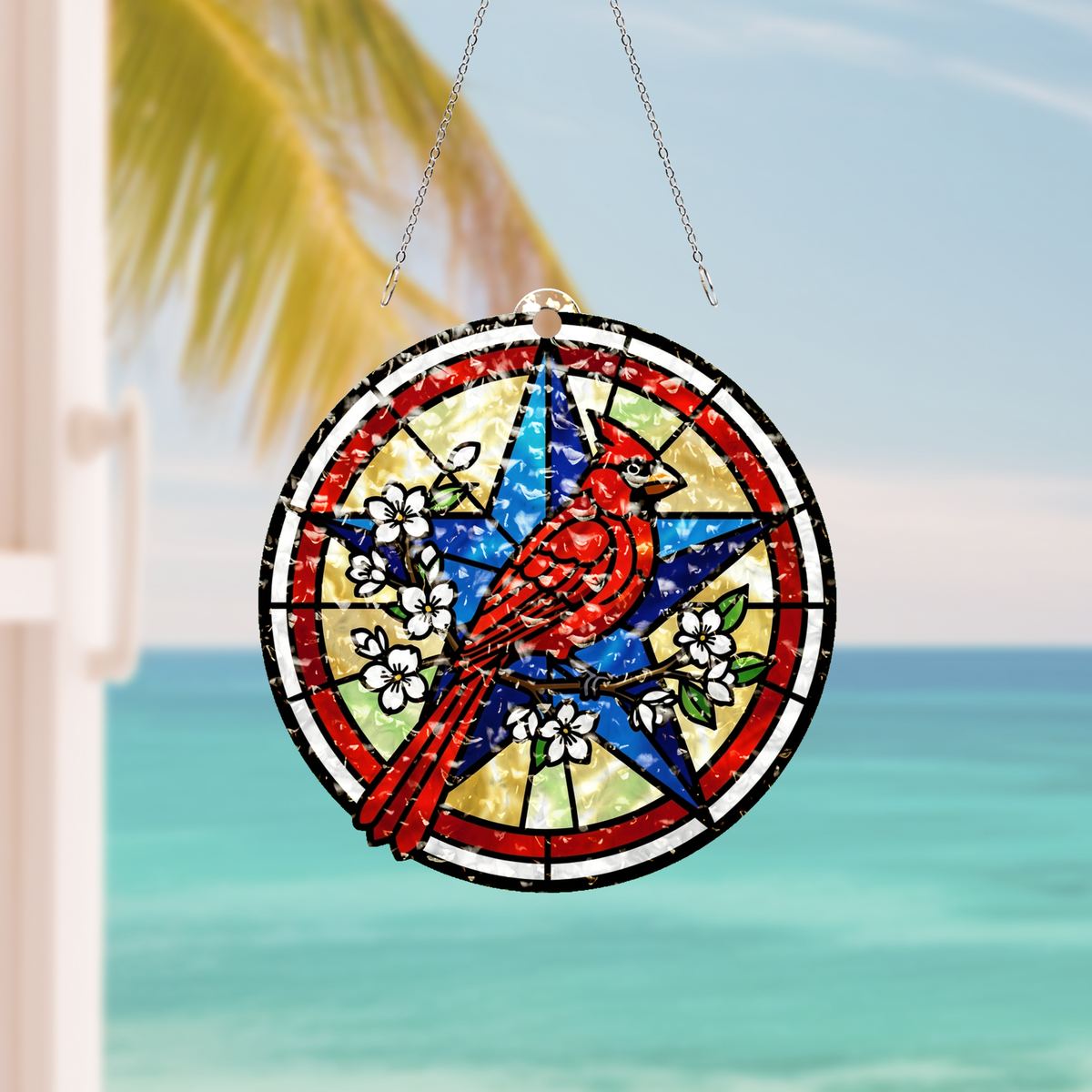 Patriotic Cardinal Star Circle Water Ripple Suncatcher