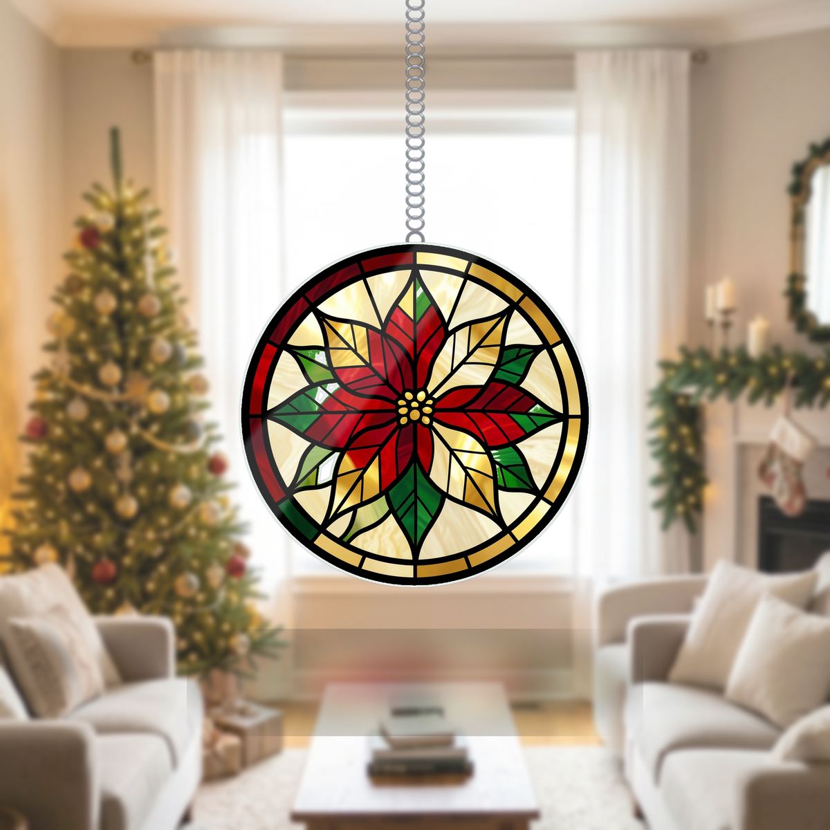 Poinsettia Wreath Circle Wavy Acrylic Suncatcher Ornament