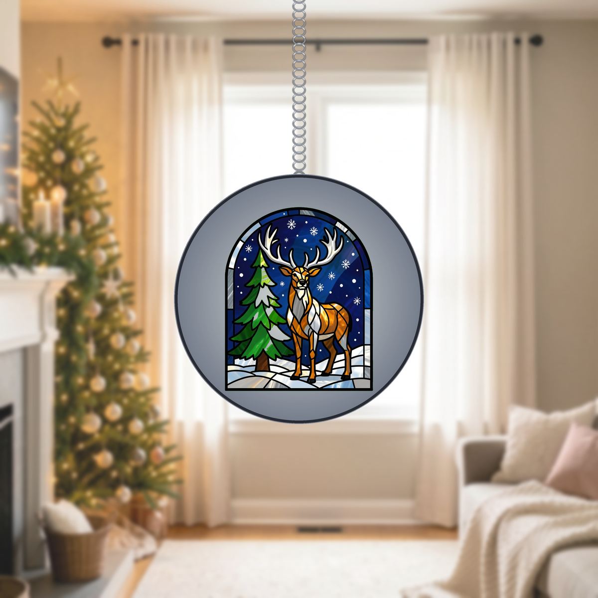 Snowy Stag Pine Arch Stained Glass Suncatcher