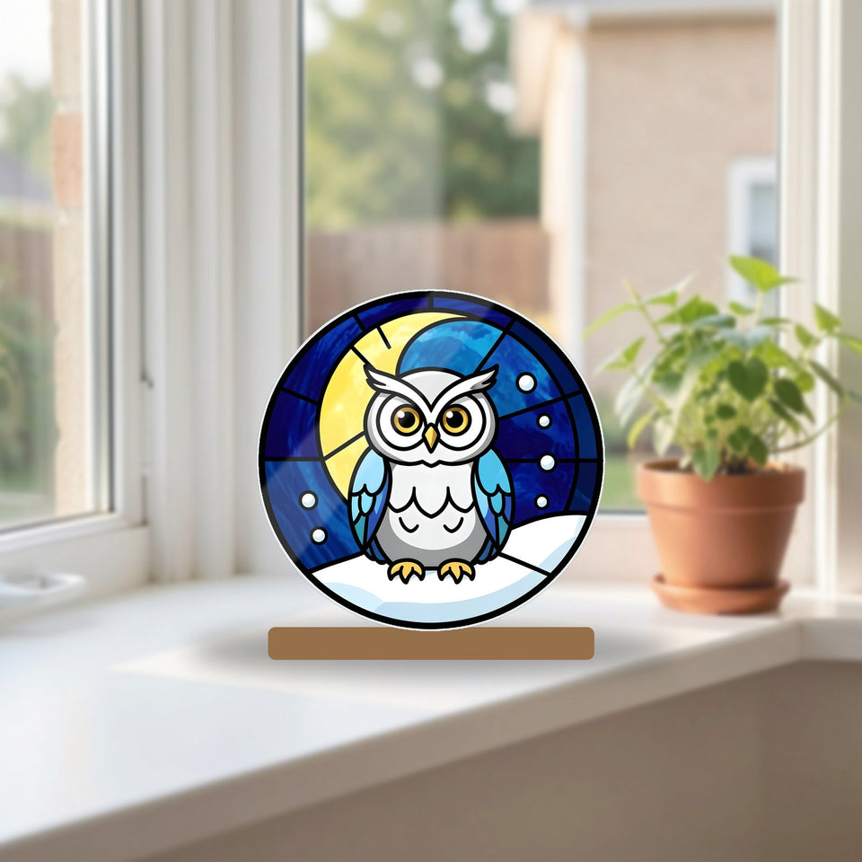Snowy Owl Winter Moon Suncatcher Standee