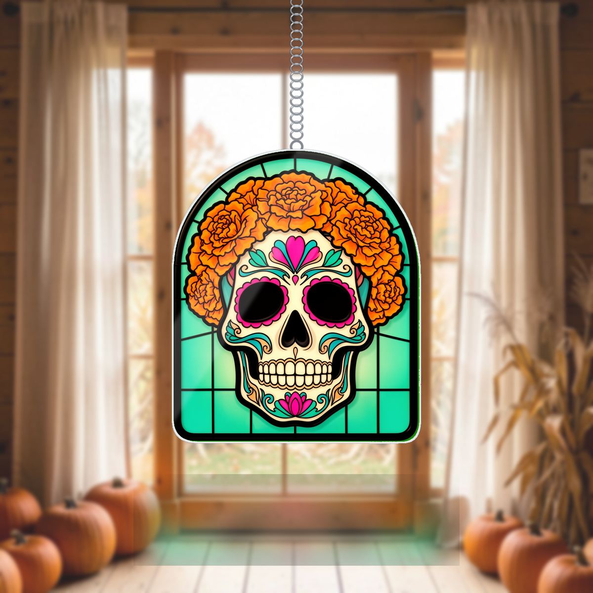 Sugar Skull Marigold Arch Wavy Acrylic Suncatcher Ornament