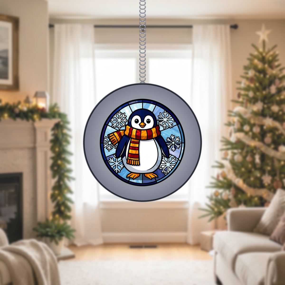Penguin Scarf Snowflake Stained Glass Suncatcher
