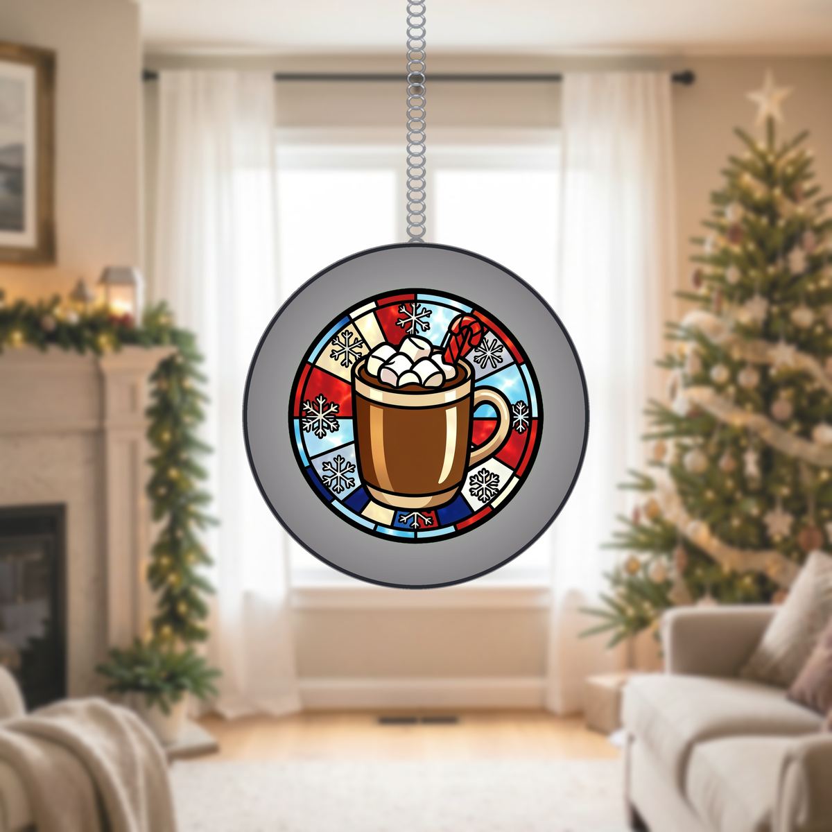 Hot Cocoa Mug Circle Stained Glass Suncatcher