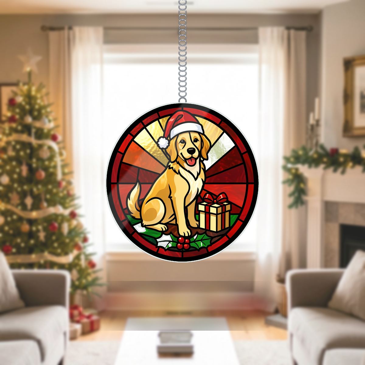 Christmas Dog Santa Hat Circle Wavy Acrylic Suncatcher Ornament