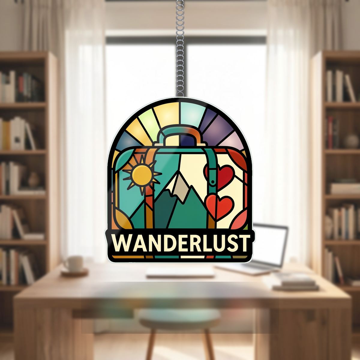 Vintage Suitcase Wanderlust Arch Wavy Acrylic Suncatcher Ornament