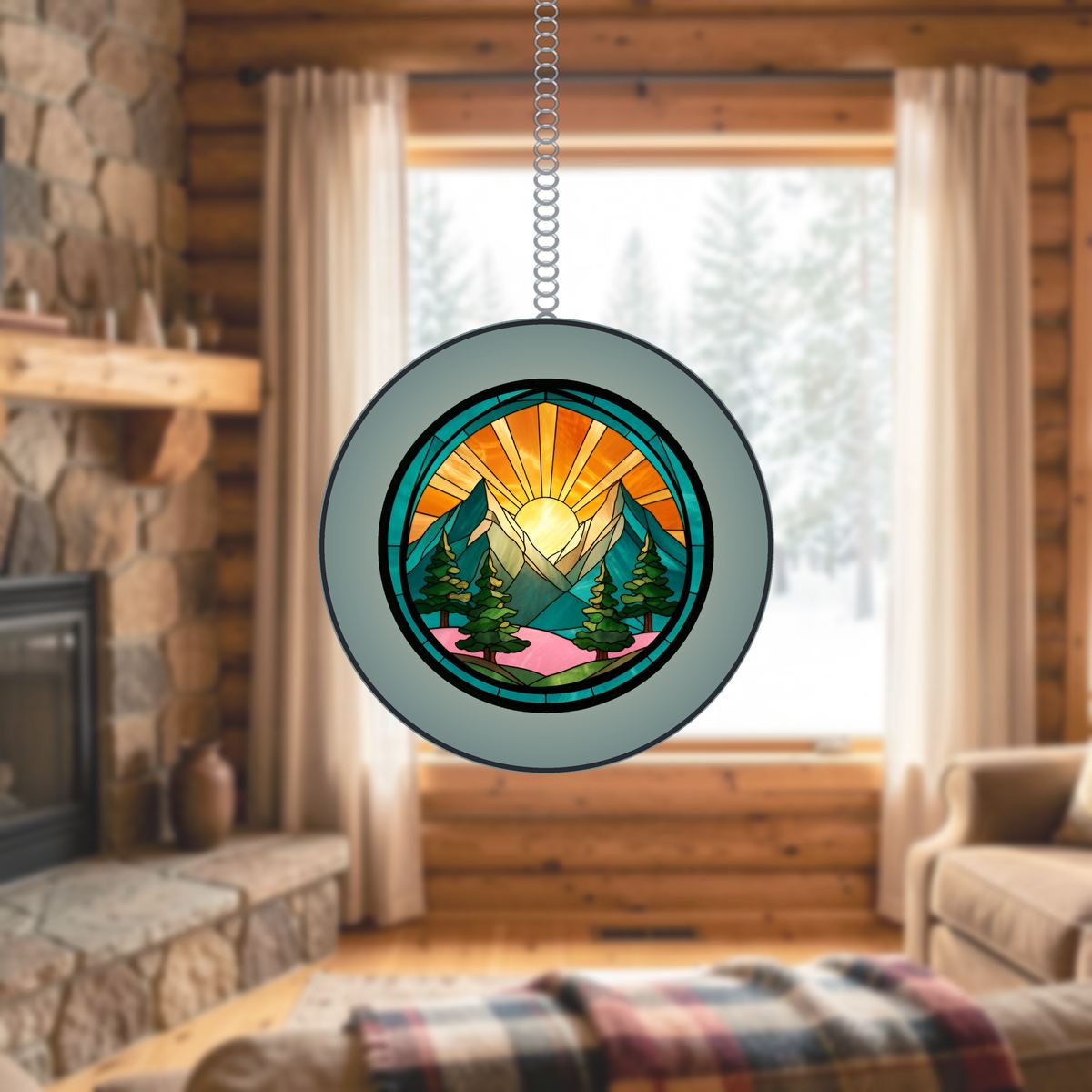 Mountain Pine Sunrise Circle Stained Glass Suncatcher