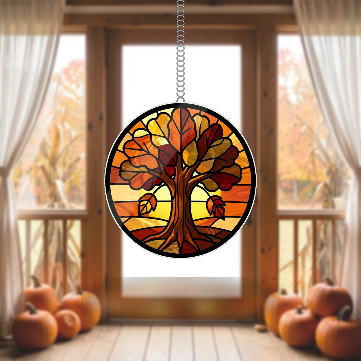 Golden Autumn Tree Circle Wavy Acrylic Suncatcher Ornament