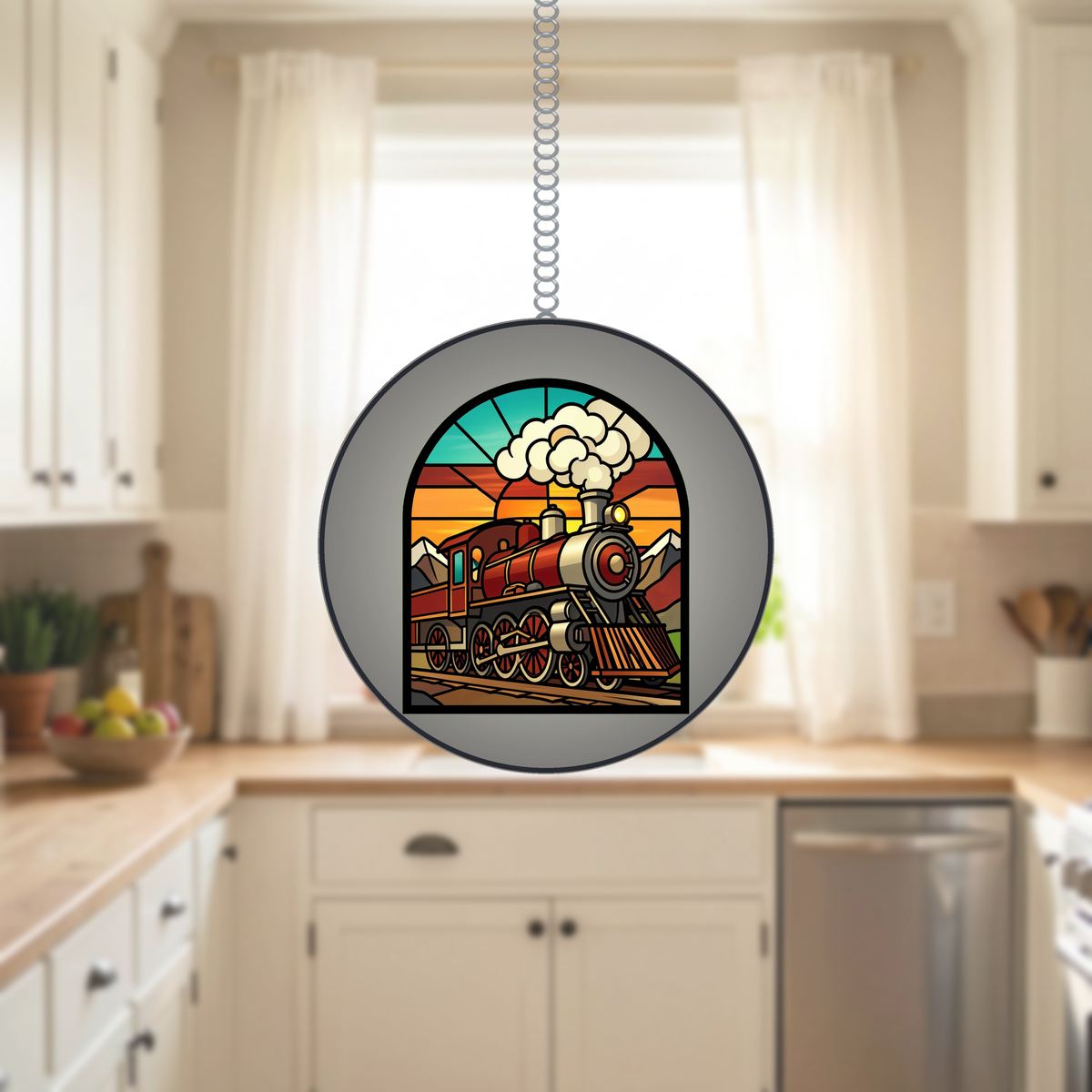 Steam Train Mountain Arch Stained Glass Suncatcher