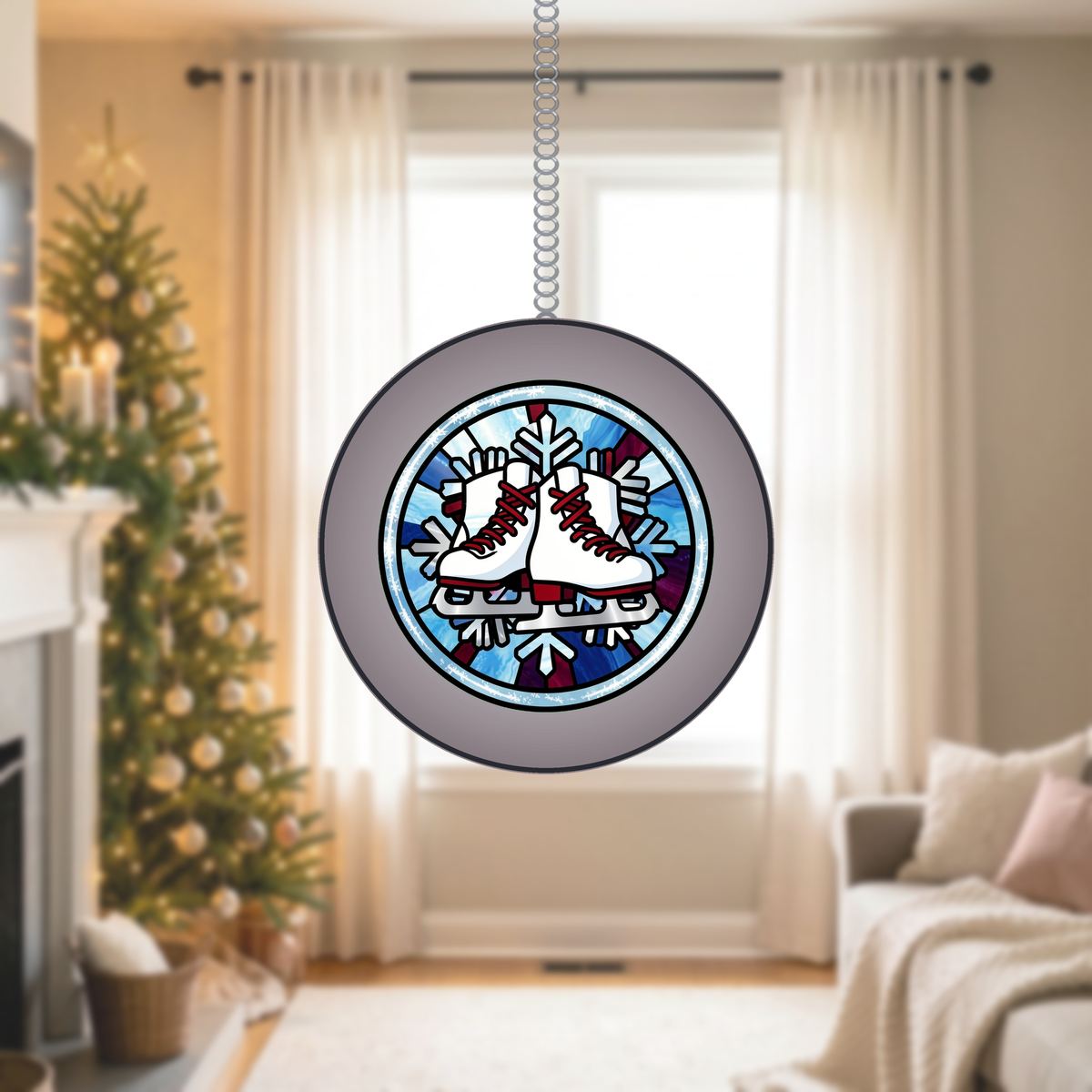 Winter Ice Skates Circle Stained Glass Suncatcher