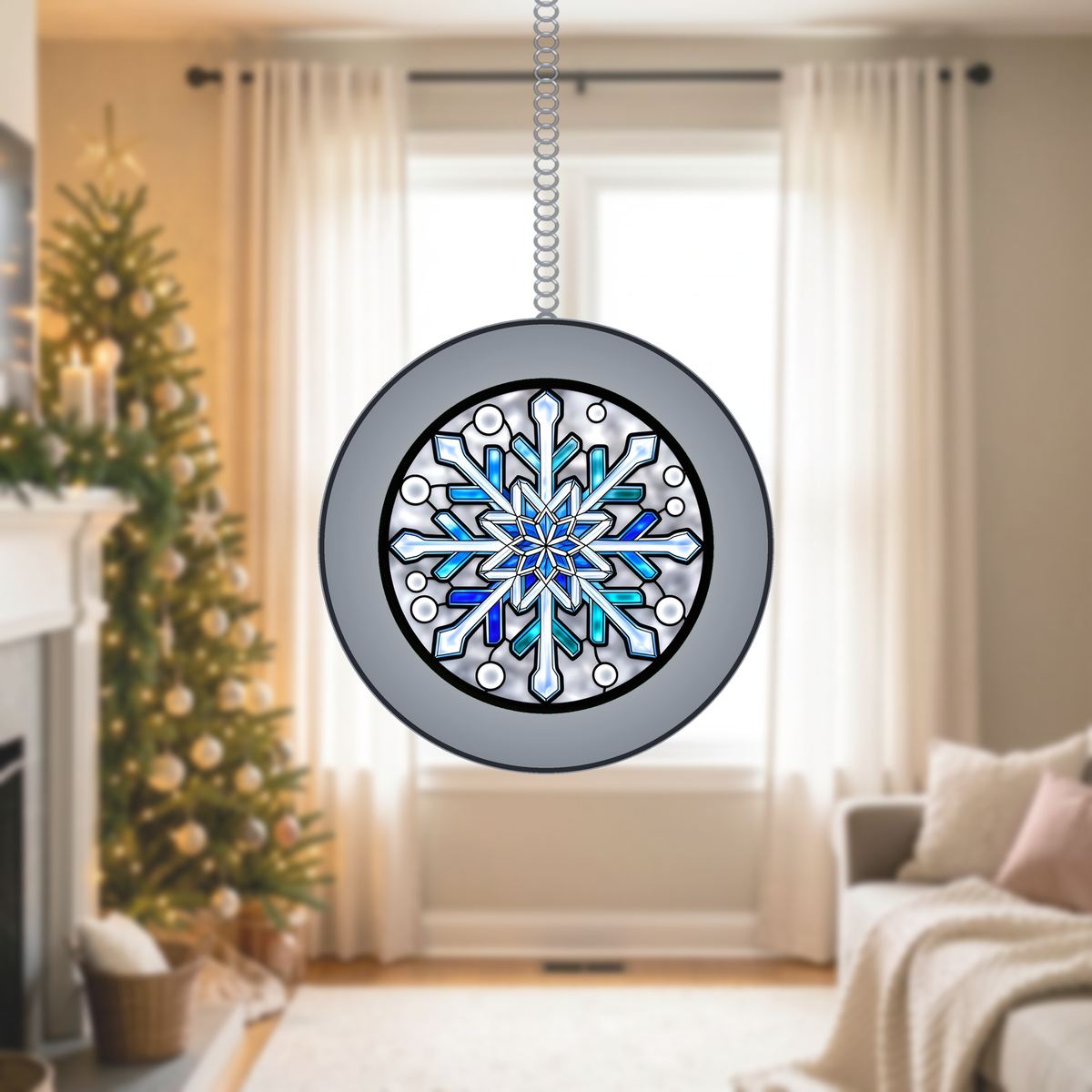 Frosted Snowflake Circle Stained Glass Suncatcher