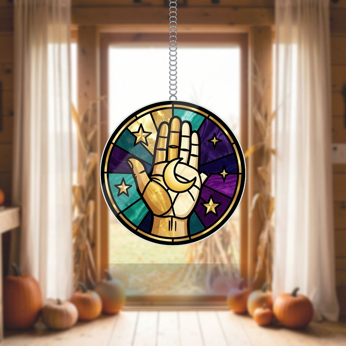 Celestial Hand Moon Circle Wavy Acrylic Suncatcher Ornament