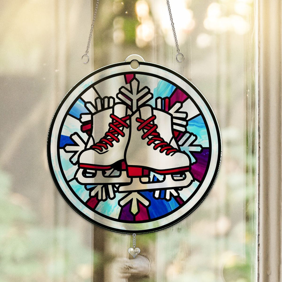 Winter Ice Skates Circle Acrylic Suncatcher with heart crystal