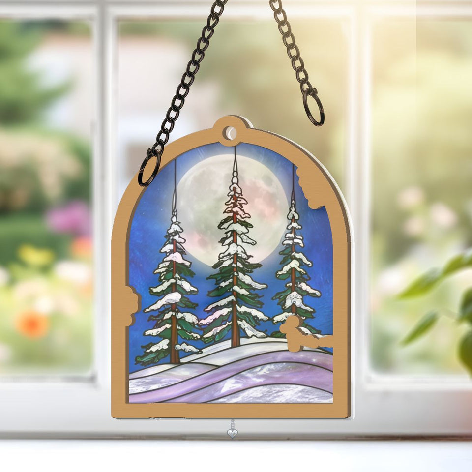 Snowy Evergreen Forest Arch Window Hanging Suncatcher with heart crystal