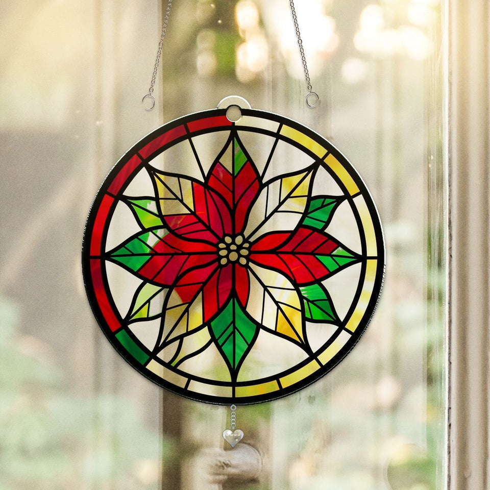 Poinsettia Wreath Circle Acrylic Suncatcher with heart crystal