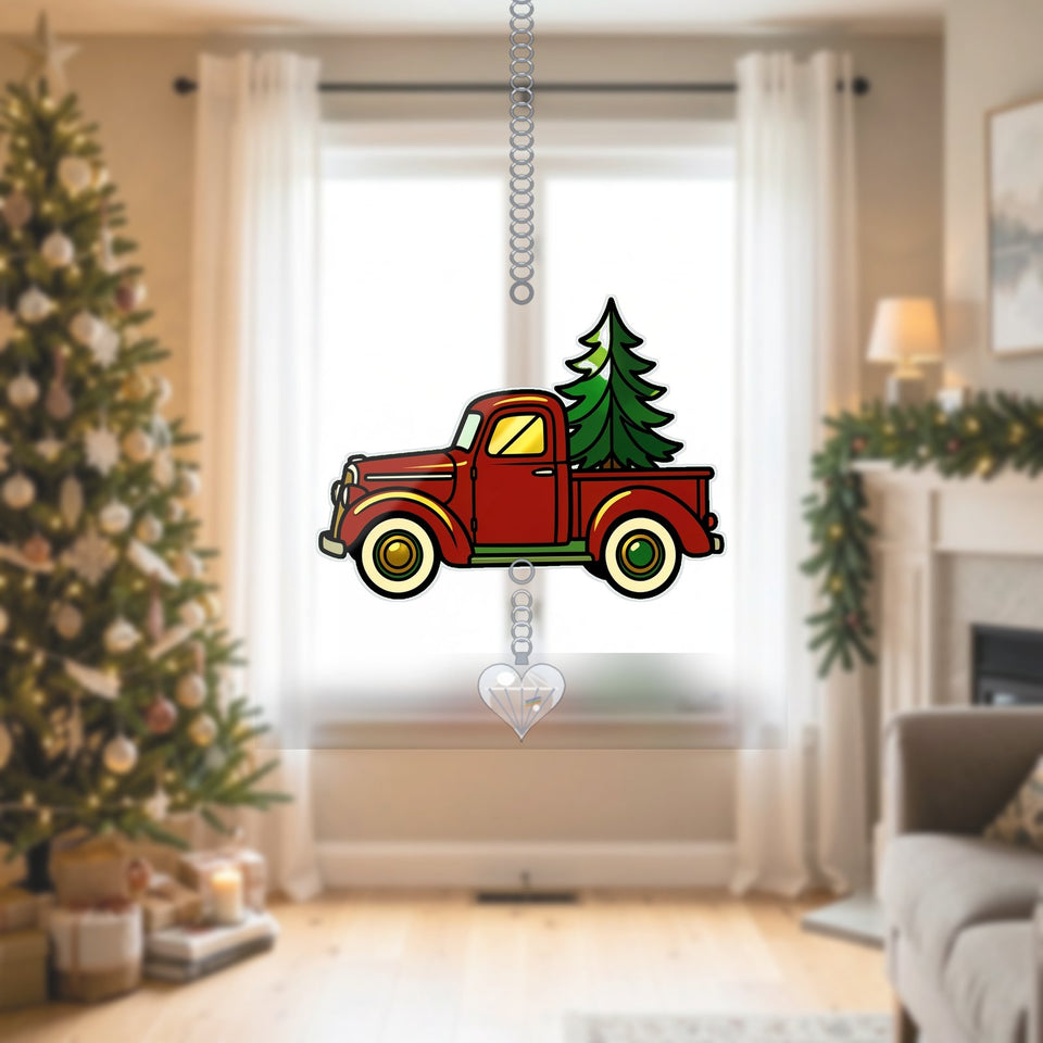 Vintage Christmas Truck Acrylic Suncatcher with heart crystal