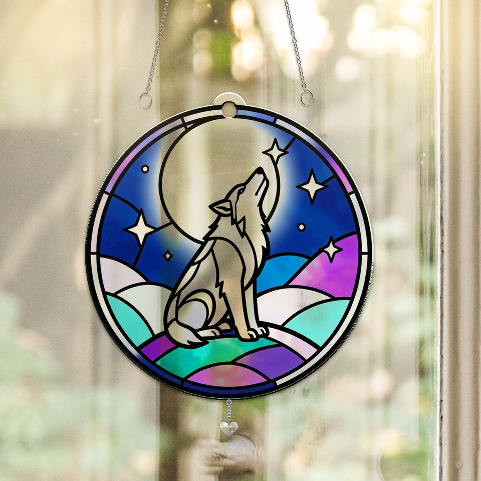Howling Wolf Moon Circle Acrylic Suncatcher with heart crystal