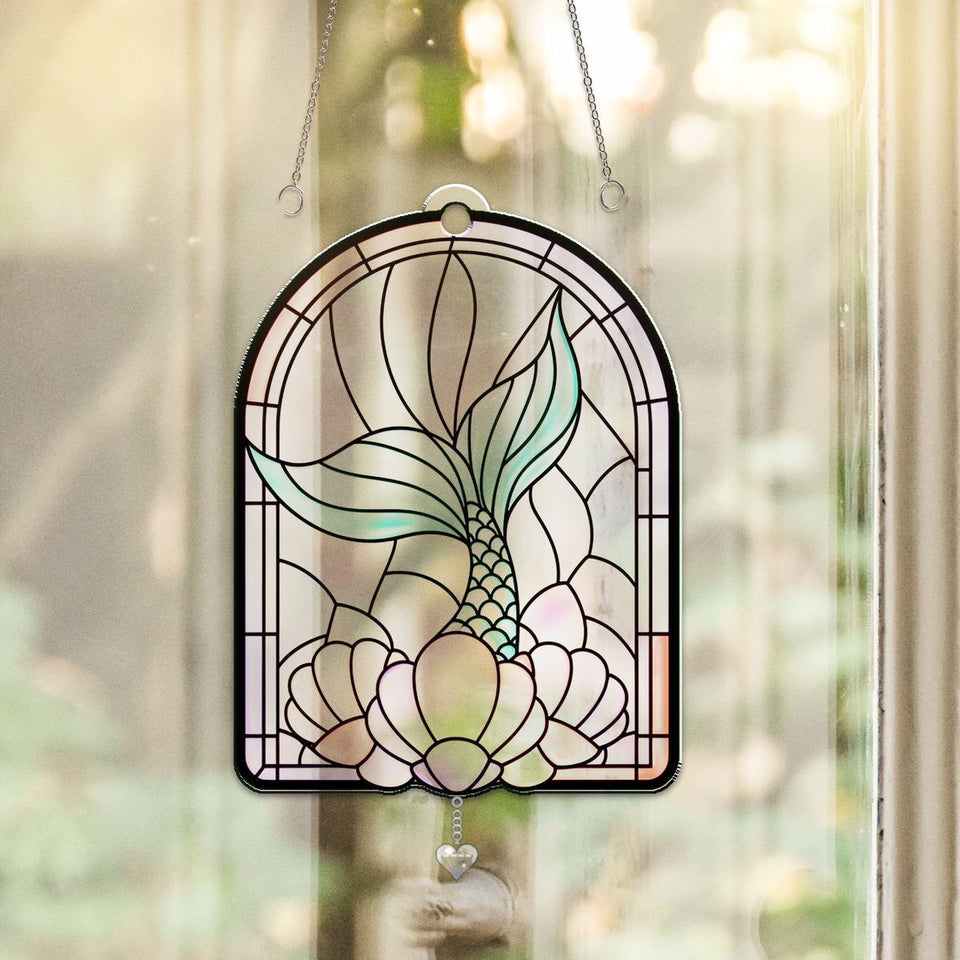 Mermaid Tail Shell Arch Acrylic Suncatcher with heart crystal