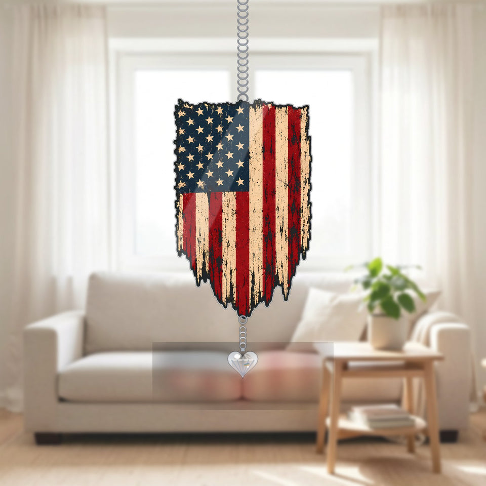 Distressed American Flag Acrylic Suncatcher with heart crystal