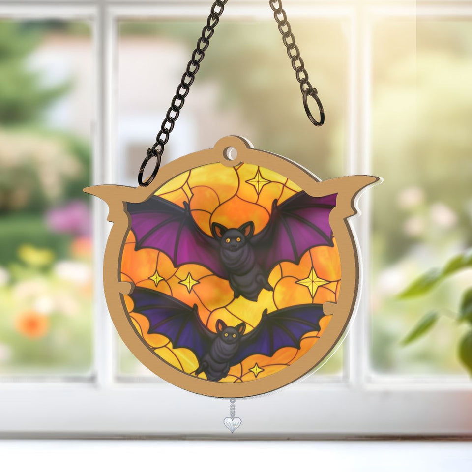 Bats Over Orange Moon Window Hanging Suncatcher with heart crystal